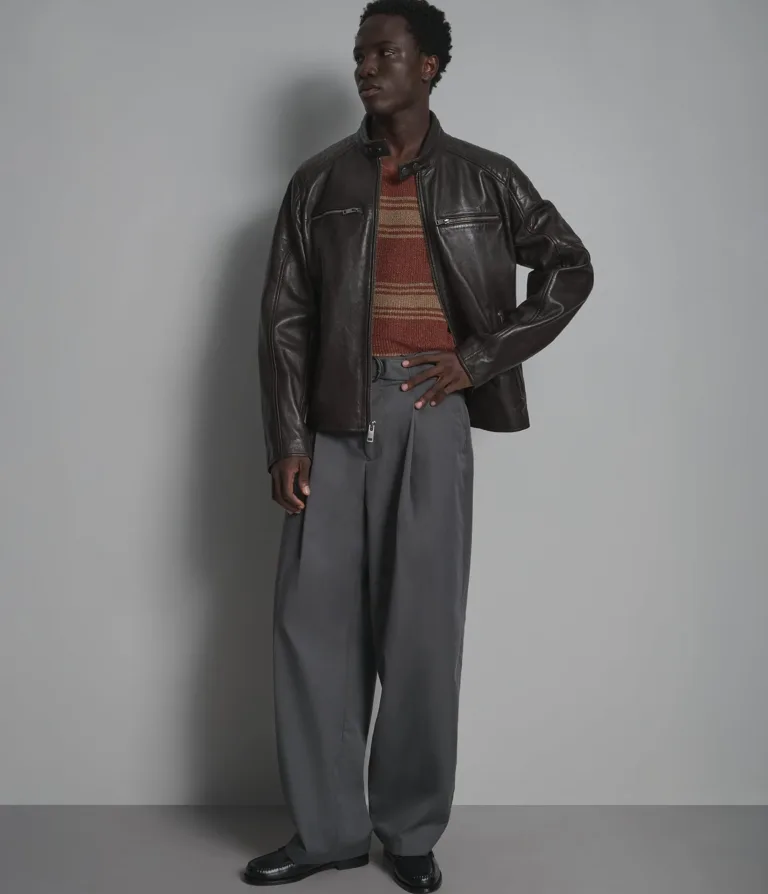 Wilsons Leather Lance Brown collarless leather moto jacket product view 4