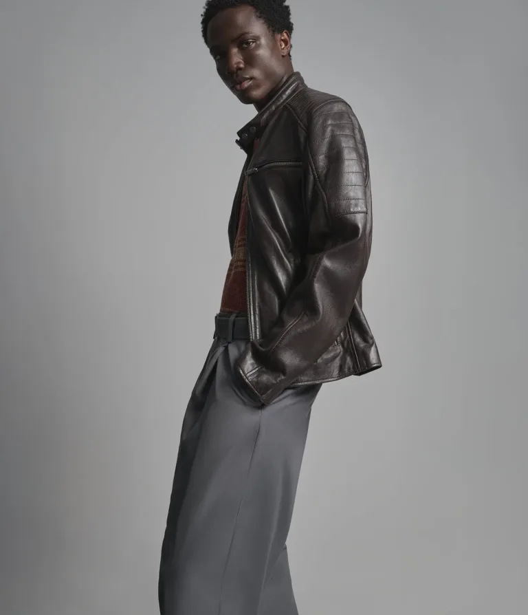 Wilsons Leather Lance Brown collarless leather moto jacket product view 5