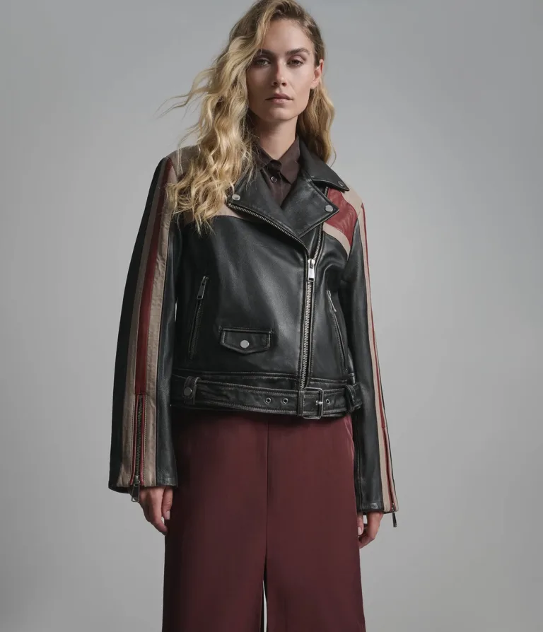 Kya Vintage Striped Moto Jacket in Black, official Wilsons Leather product photo 2