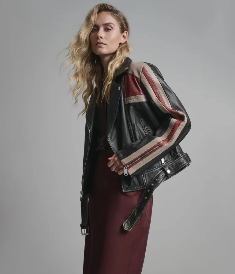 Kya Vintage Striped Moto Jacket in Black, official Wilsons Leather product photo 1