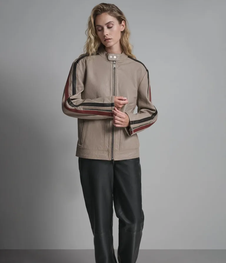 Nova Vintage Leather Striped Racer Jacket in Tan/Black/Red, official Wilsons Leather product photo 5