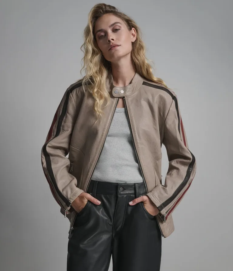 Nova Vintage Leather Striped Racer Jacket in Tan/Black/Red, official Wilsons Leather product photo 1