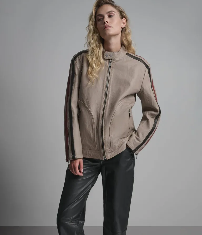 Nova Vintage Leather Striped Racer Jacket in Tan/Black/Red, official Wilsons Leather product photo 6