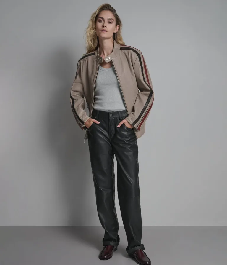 Nova Vintage Leather Striped Racer Jacket in Tan/Black/Red, official Wilsons Leather product photo 4