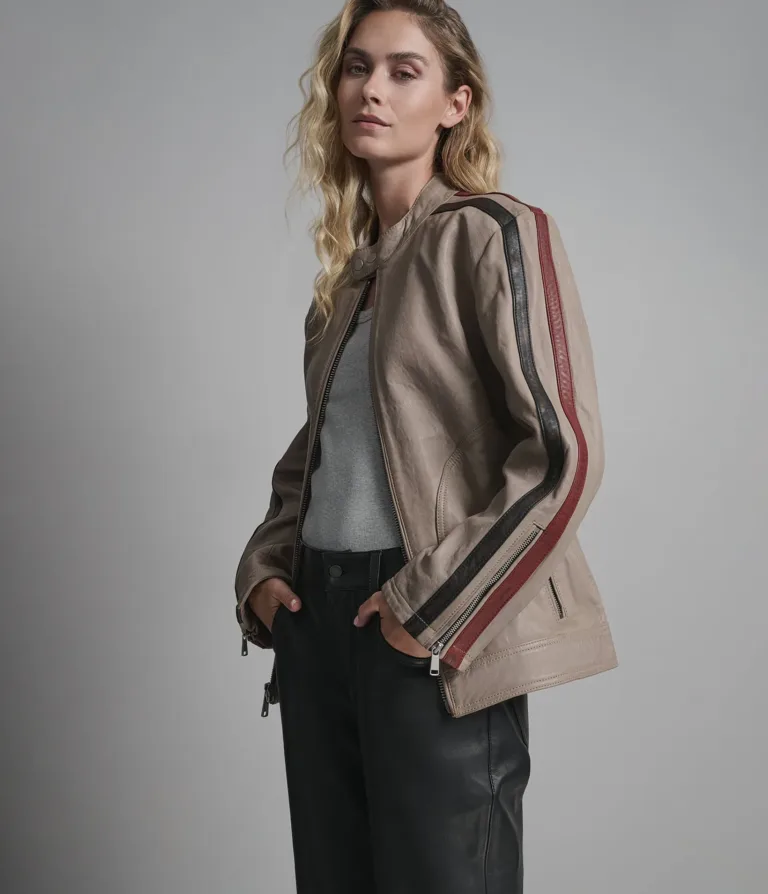 Nova Vintage Leather Striped Racer Jacket in Tan/Black/Red, official Wilsons Leather product photo 2