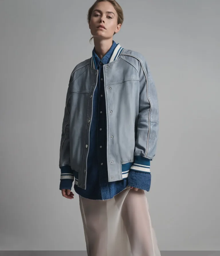 Lena Leather Denim Varsity Jacket in Light Blue Wash, official Wilsons Leather product photo 3