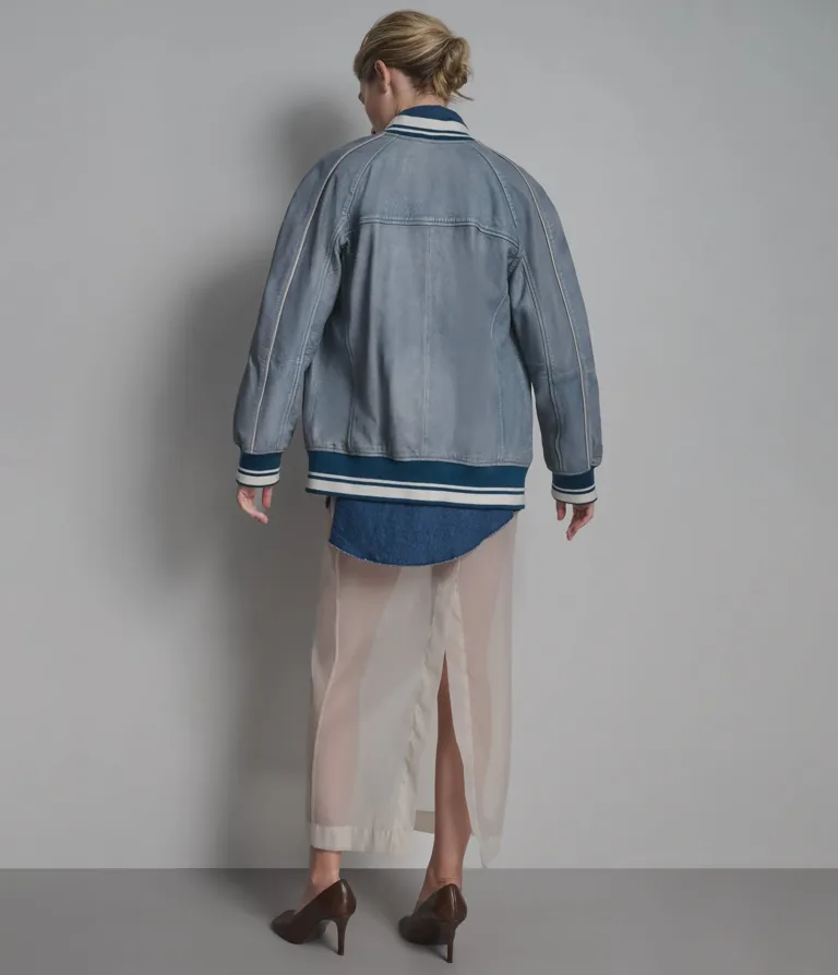 Lena Leather Denim Varsity Jacket in Light Blue Wash, official Wilsons Leather product photo 4