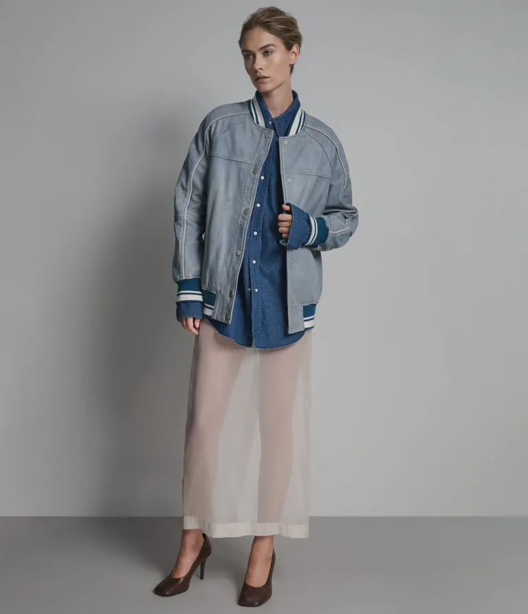 Lena Leather Denim Varsity Jacket in Light Blue Wash, official Wilsons Leather product photo 5