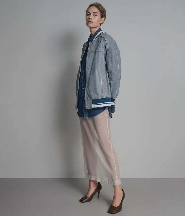 Lena Leather Denim Varsity Jacket in Light Blue Wash, official Wilsons Leather product photo 6