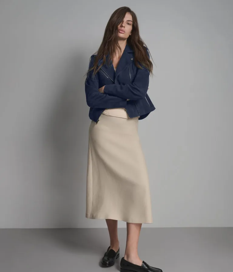 Madeline Suede Quilted Moto Jacket in Navy, official Wilsons Leather product photo 3