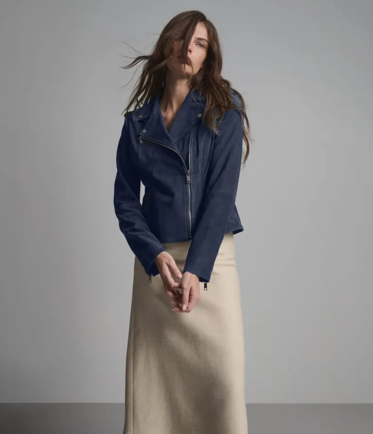 Madeline Suede Quilted Moto Jacket in Navy, official Wilsons Leather product photo 5