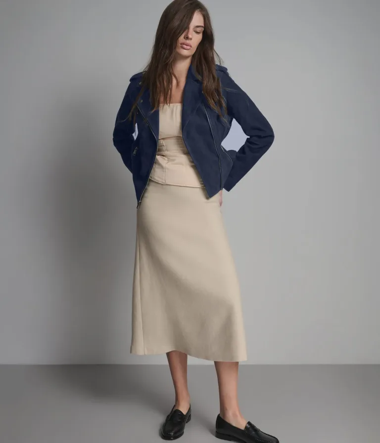 Madeline Suede Quilted Moto Jacket in Navy, official Wilsons Leather product photo 1