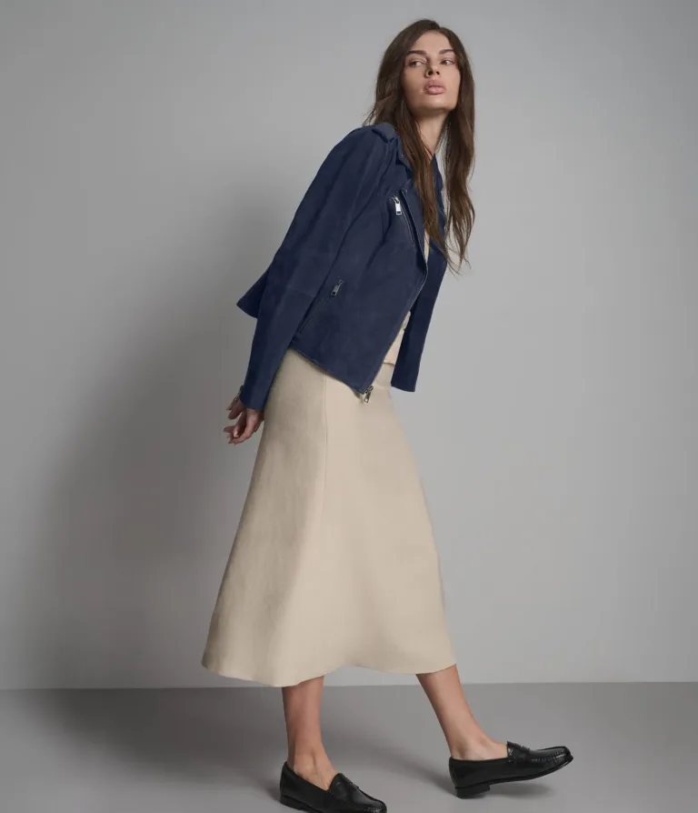 Madeline Suede Quilted Moto Jacket in Navy, official Wilsons Leather product photo 2