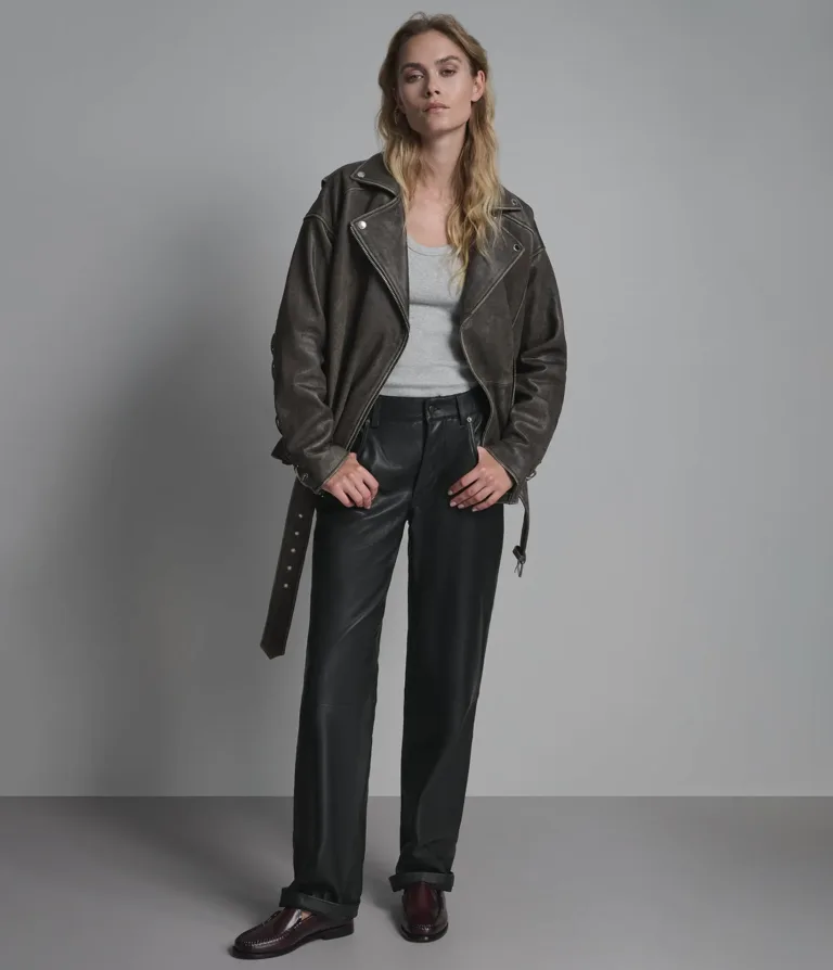 Briana Oversized Asymmetric Leather Moto Jacket in Brown, official Wilsons Leather product photo 5