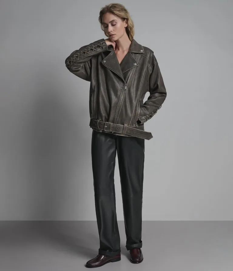 Briana Oversized Asymmetric Leather Moto Jacket in Brown, official Wilsons Leather product photo 6