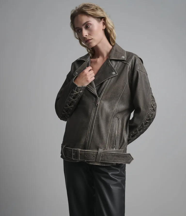 Briana Oversized Asymmetric Leather Moto Jacket in Brown, official Wilsons Leather product photo 2