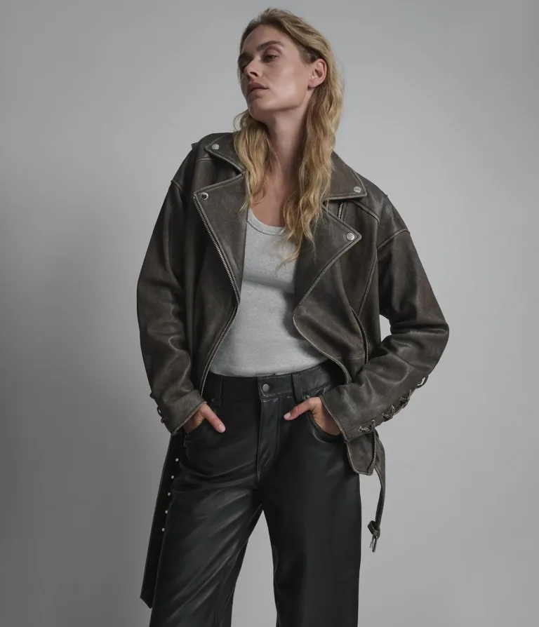 Briana Oversized Asymmetric Leather Moto Jacket in Brown, official Wilsons Leather product photo 1