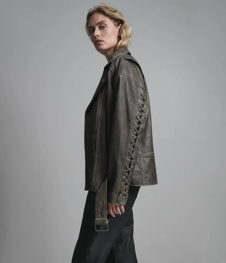 Briana Oversized Asymmetric Leather Moto Jacket in Brown, official Wilsons Leather product photo 4