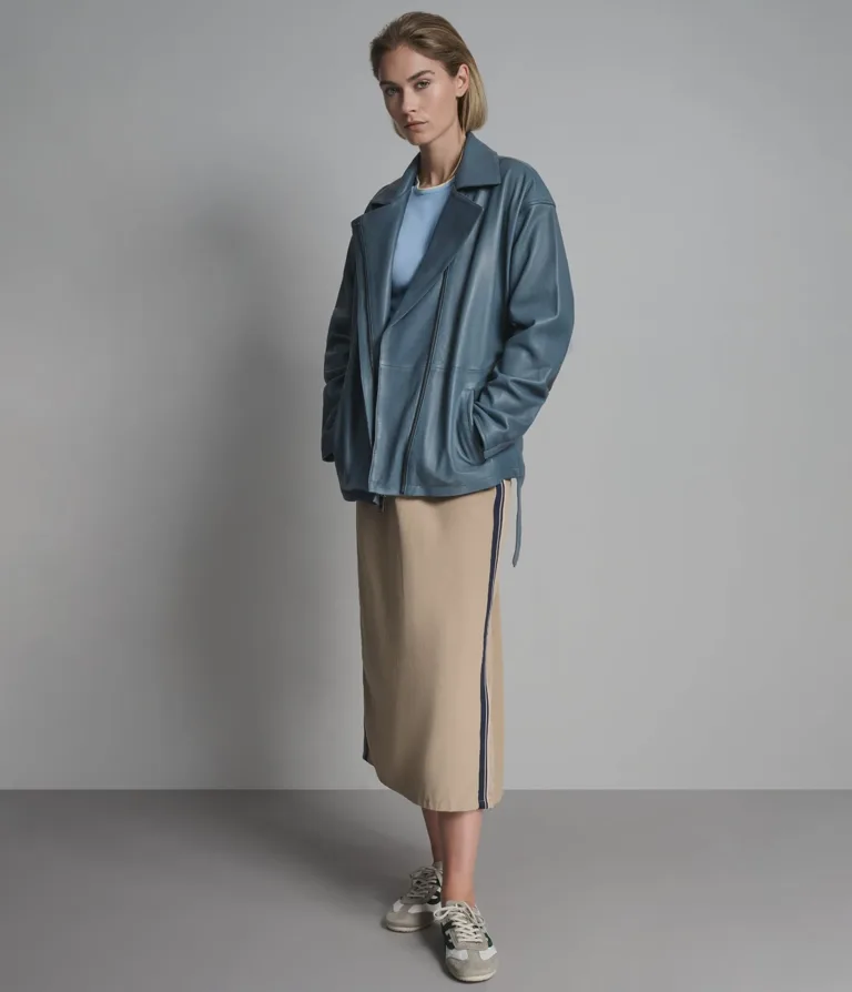 Monroe Leather Belted Asymmetric Moto Jacket in Blue, official Wilsons Leather product photo 4