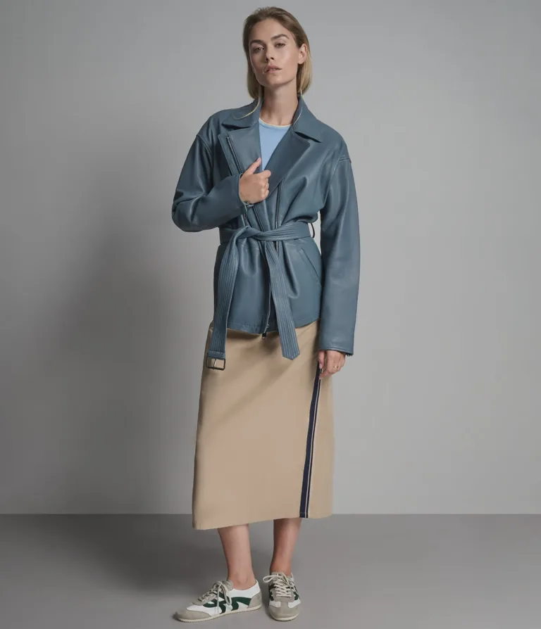 Monroe Leather Belted Asymmetric Moto Jacket in Blue, official Wilsons Leather product photo 6