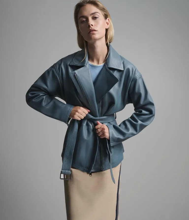 Monroe Leather Belted Asymmetric Moto Jacket in Blue, official Wilsons Leather product photo 1