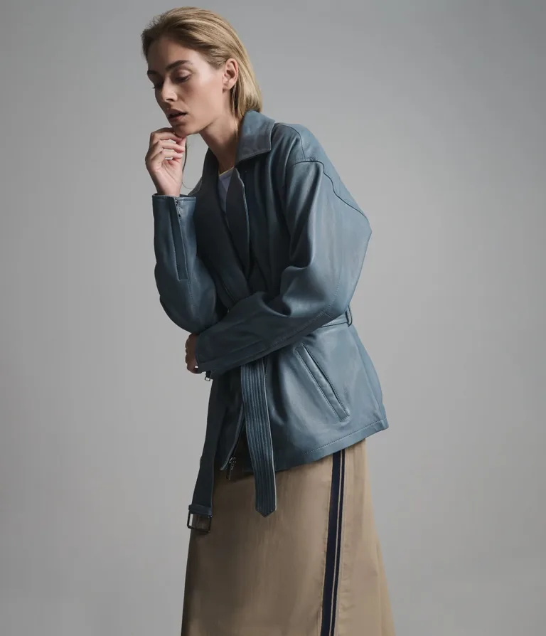 Monroe Leather Belted Asymmetric Moto Jacket in Blue, official Wilsons Leather product photo 2