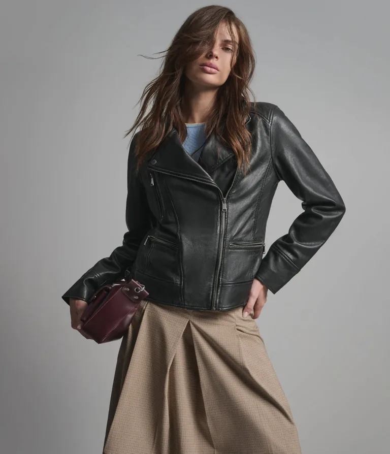 Marissa Asymmetric Leather Moto Jacket in Black, official Wilsons Leather product photo 1