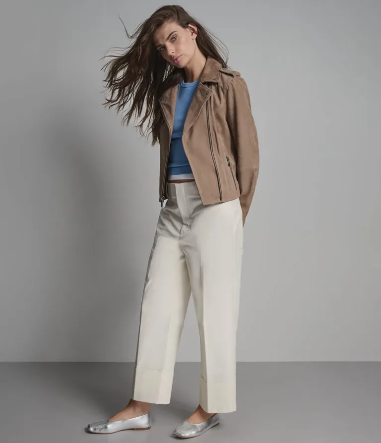 Madeline Suede Quilted Moto Jacket in Taupe, official Wilsons Leather product photo 4