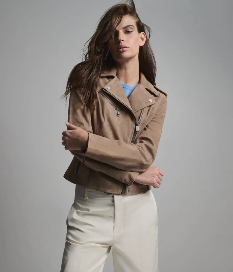 Madeline Suede Quilted Moto Jacket in Taupe, official Wilsons Leather product photo 1