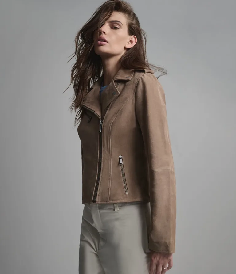 Madeline Suede Quilted Moto Jacket in Taupe, official Wilsons Leather product photo 2