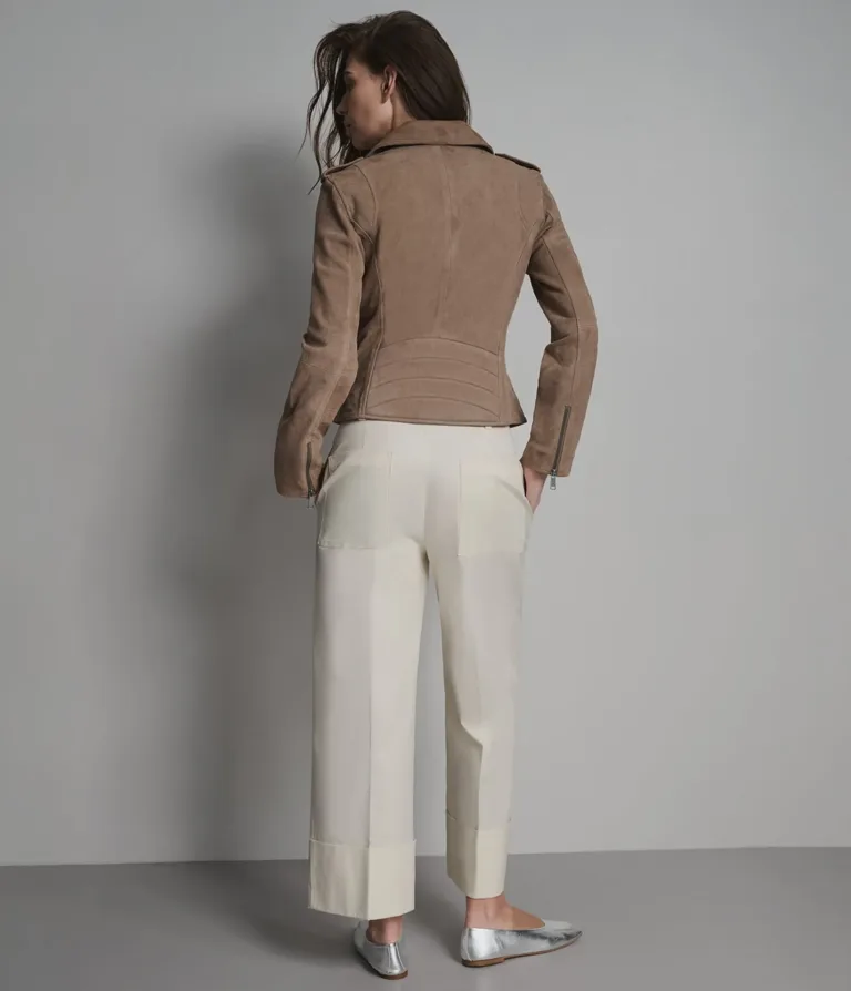 Madeline Suede Quilted Moto Jacket in Taupe, official Wilsons Leather product photo 3