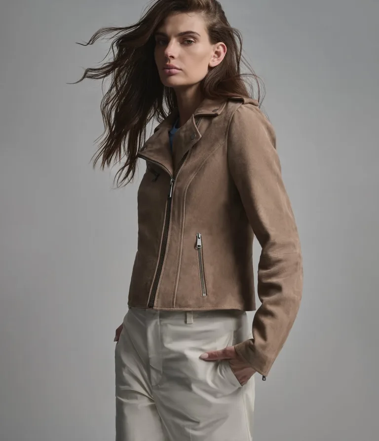 Madeline Suede Quilted Moto Jacket in Taupe, official Wilsons Leather product photo 6