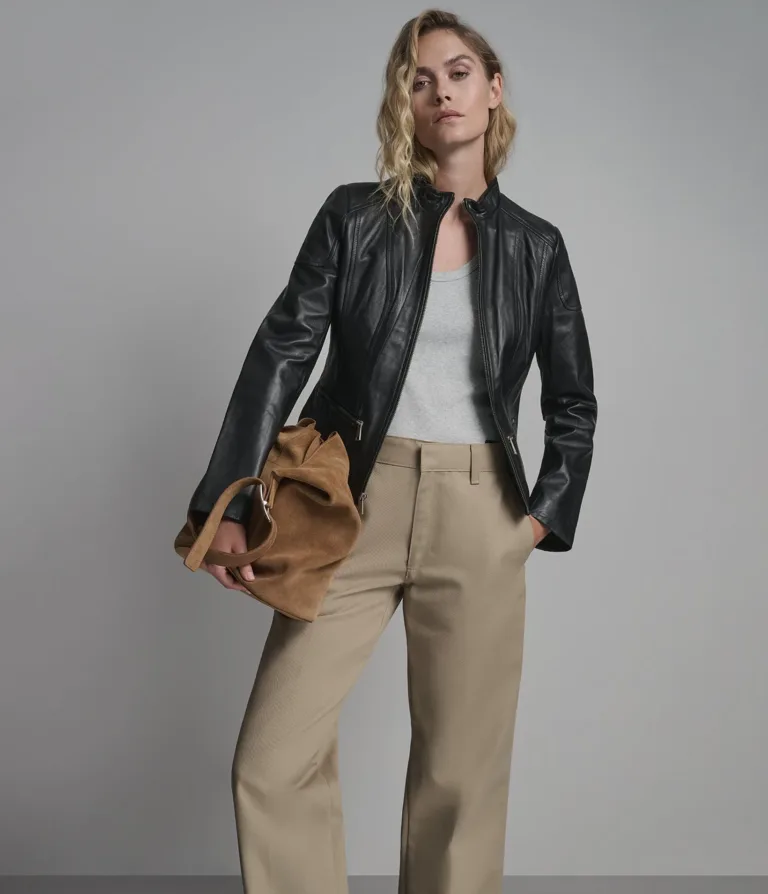 Caitlin Leather Scuba Jacket in Black, official Wilsons Leather product photo 1