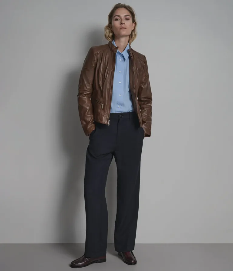 Caitlin Leather Scuba Jacket in Cognac, official Wilsons Leather product photo 6