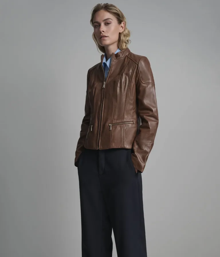 Caitlin Leather Scuba Jacket in Cognac, official Wilsons Leather product photo 5