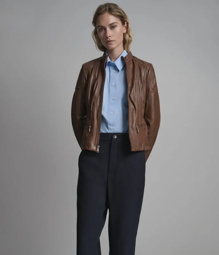 Caitlin Leather Scuba Jacket in Cognac, official Wilsons Leather product photo 1