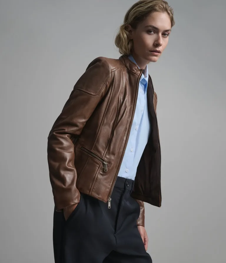 Caitlin Leather Scuba Jacket in Cognac, official Wilsons Leather product photo 4