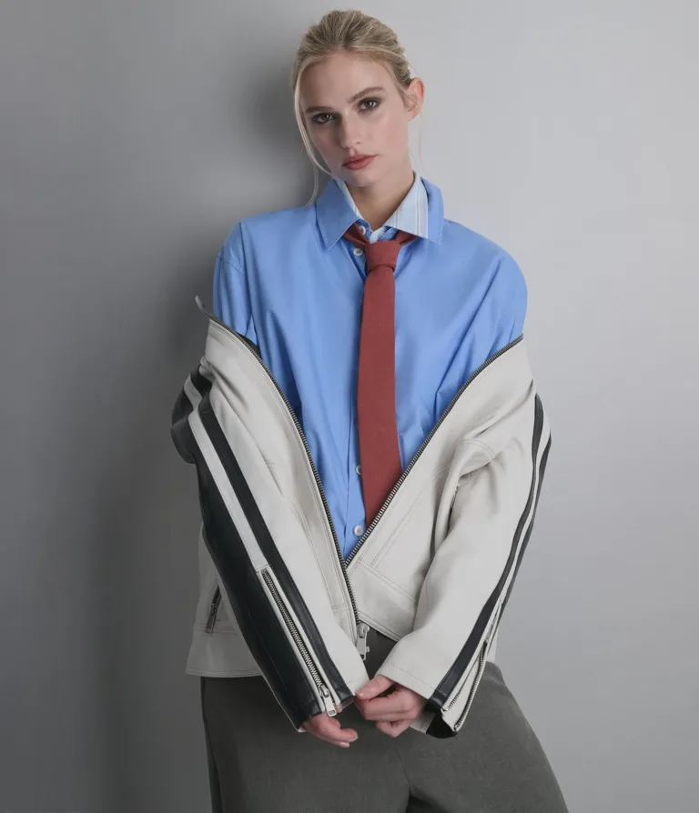 Gianna Leather Striped Racer Jacket in Wht/Black, official Wilsons Leather product photo 7