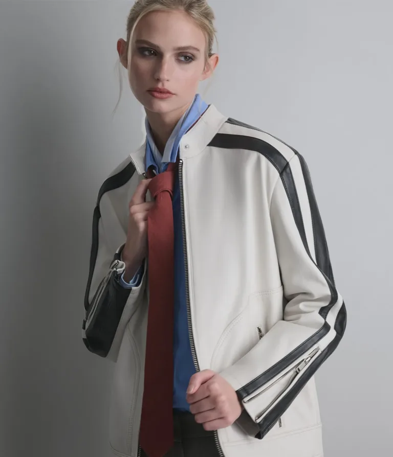 Gianna Leather Striped Racer Jacket in Wht/Black, official Wilsons Leather product photo 2