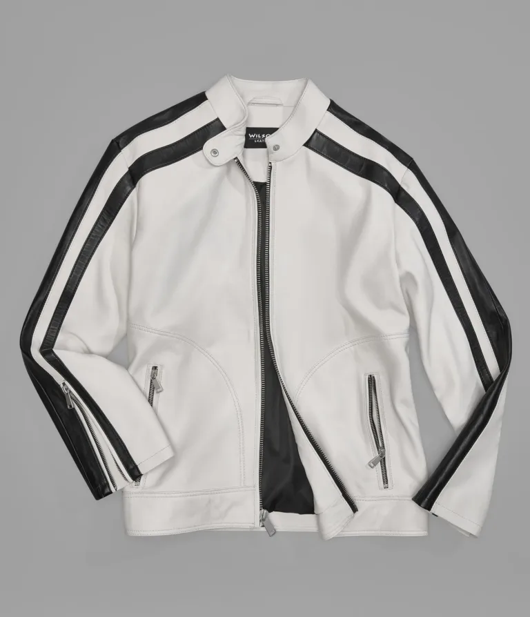 Gianna Leather Striped Racer Jacket in Wht/Black, official Wilsons Leather product photo 3