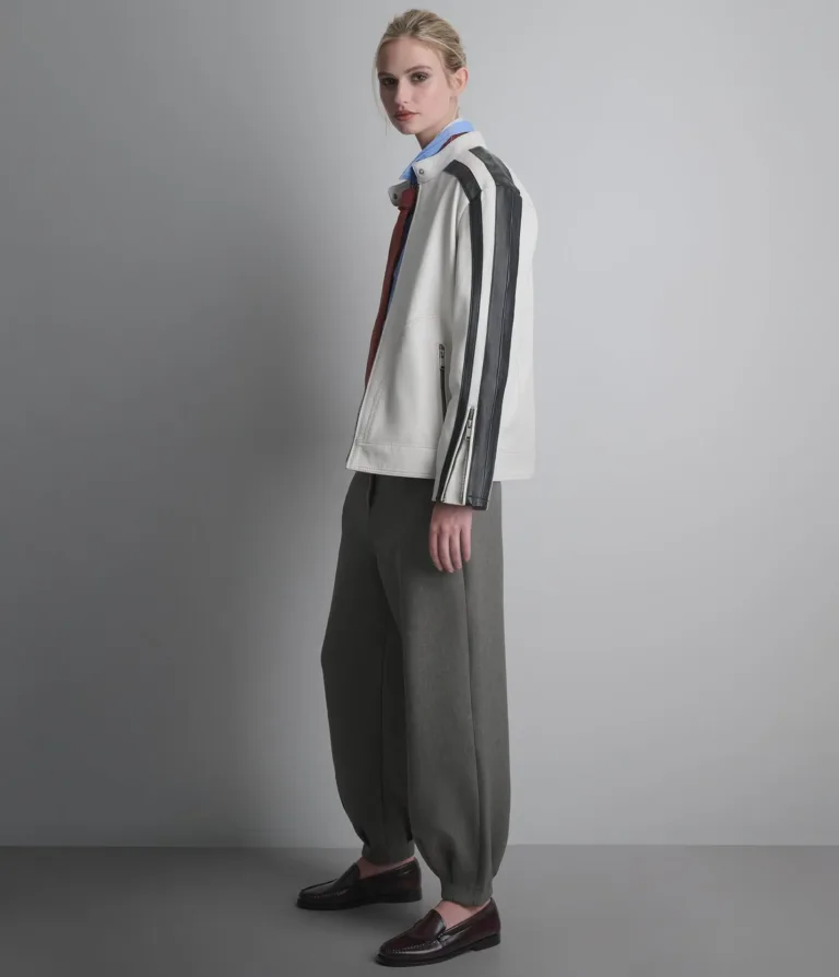 Gianna Leather Striped Racer Jacket in Wht/Black, official Wilsons Leather product photo 6