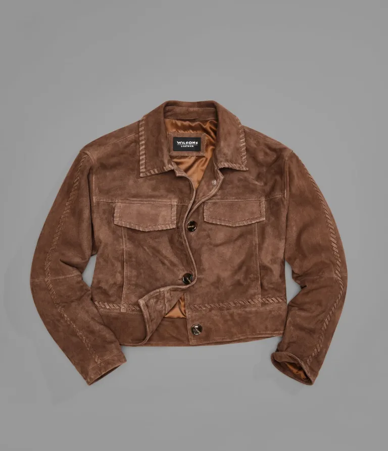 Vivianne Lightweight Suede Trucker Jacket in Cognac, official Wilsons Leather product photo 3