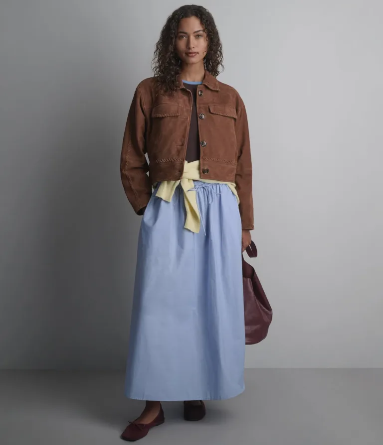 Vivianne Lightweight Suede Trucker Jacket in Cognac, official Wilsons Leather product photo 2