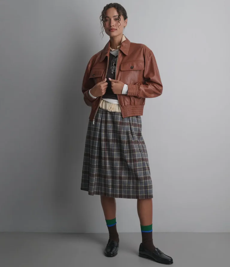 Maggie Cropped Lightweight Leather Aviator Jacket in Cognac, official Wilsons Leather product photo 2