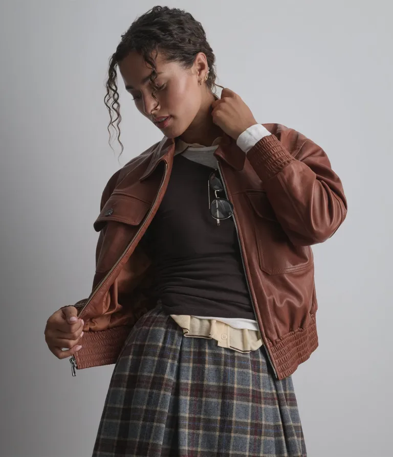 Maggie Cropped Lightweight Leather Aviator Jacket in Cognac, official Wilsons Leather product photo 9