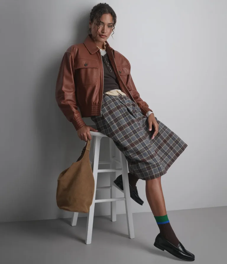 Maggie Cropped Lightweight Leather Aviator Jacket in Cognac, official Wilsons Leather product photo 1