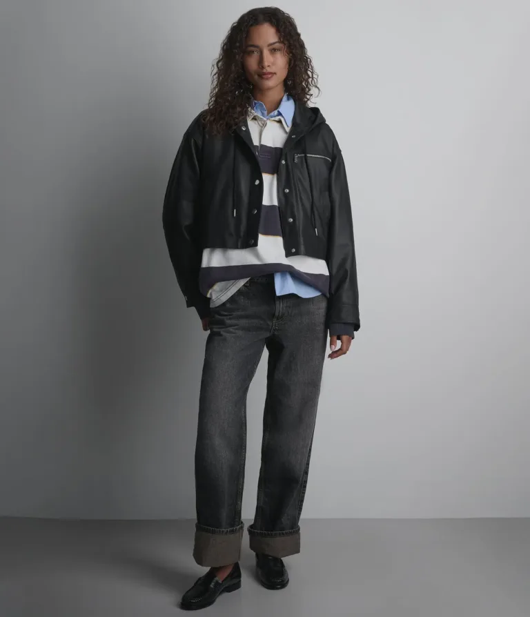 Belle Cropped Lightweight Hooded Jacket in Black, official Wilsons Leather product photo 2