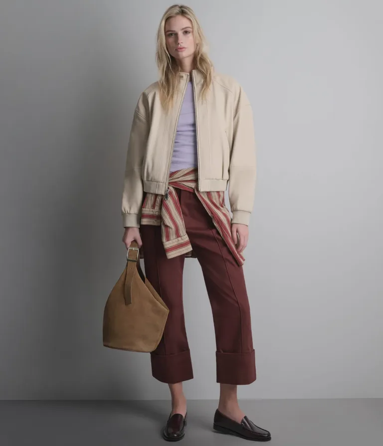 Twila Cropped Leather Bomber Jacket in Cream, official Wilsons Leather product photo 7
