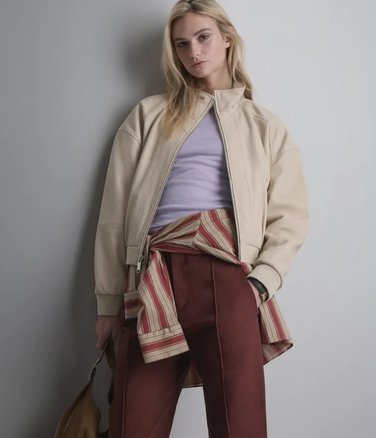 Twila Cropped Leather Bomber Jacket in Cream, official Wilsons Leather product photo 8