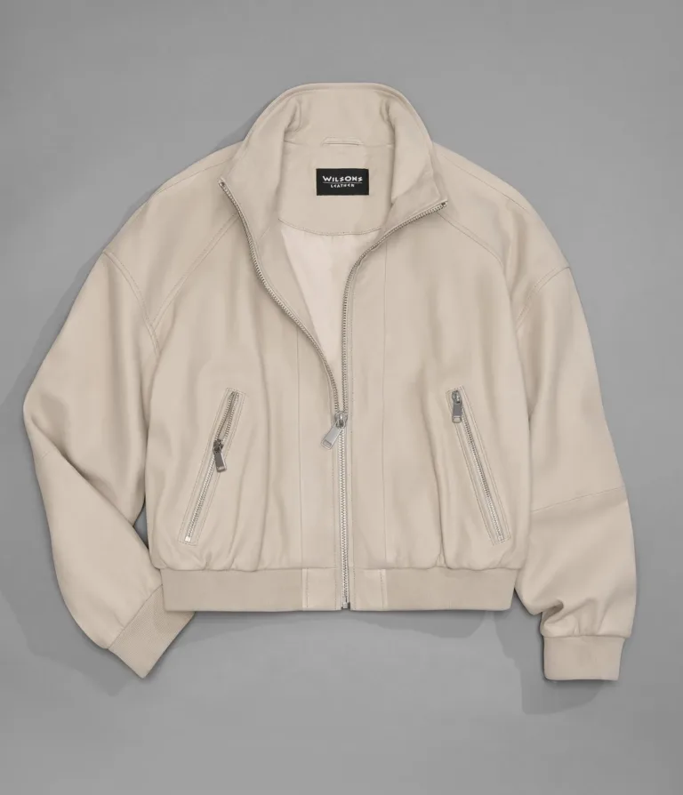 Twila Cropped Leather Bomber Jacket in Cream, official Wilsons Leather product photo 3